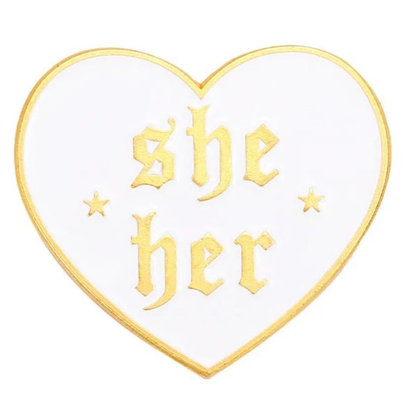 She/Her Pronoun Pin Gold & White Enamel LGBTQIA+ Brooch NEW - Picture 1 of 5
